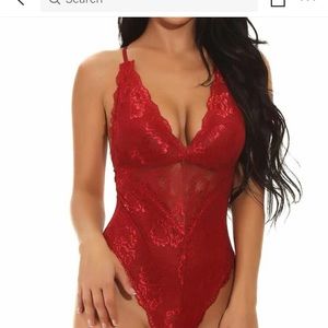 Red Lace Bodysuit Cross Back with Adjustable Straps